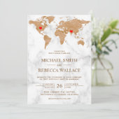 Bronze-Marmor Weltkarte für Reisende Herz Hochzeit Einladung (Stehend Vorderseite)