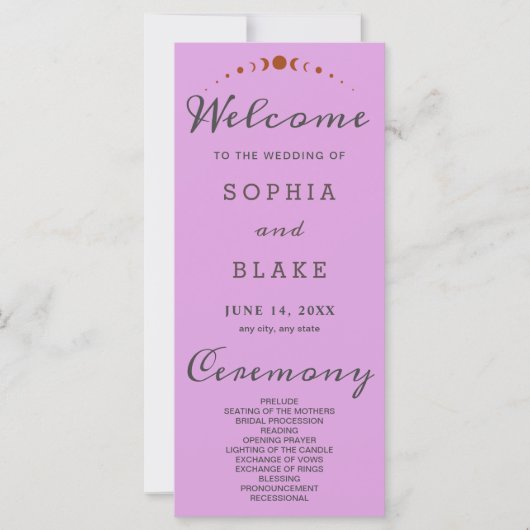 Bronze Moon Phases Plum Lila Hochzeitsprogramm (Vorderseite)