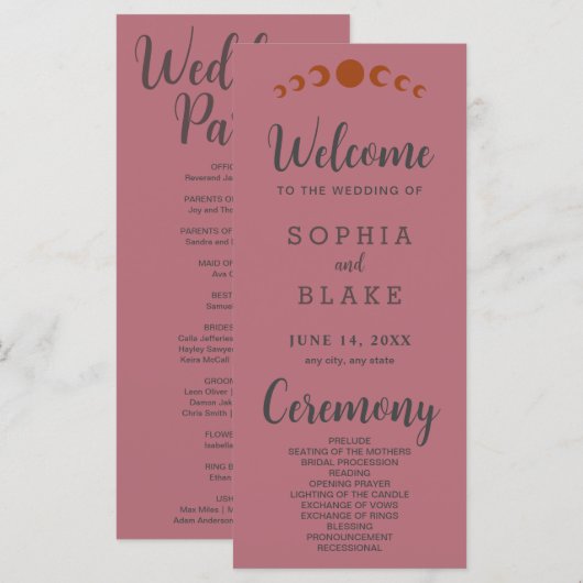 Bronze Moon Phases Rose Gold Wedding Program (Vorne/Hinten)