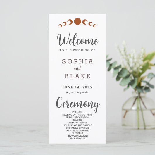 Bronze Moon Phases White Wedding Program (Stehend Vorderseite)