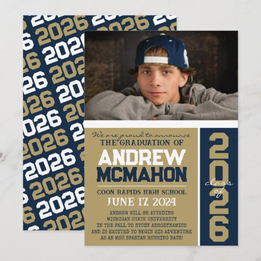 Bronze & Navy Moderne Abschluss Foto Ankündigung (Vorne/Hinten)