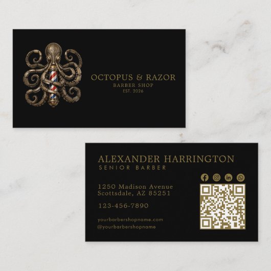 Bronze Octopus Professional Friseursalon QR-Code Visitenkarte (Vorne/Hinten)