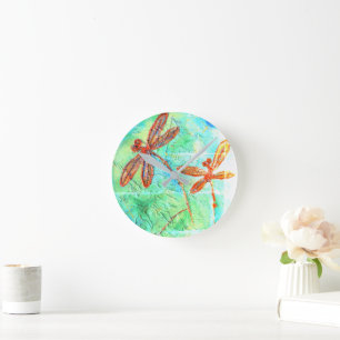 Bronze Orange Dragonfly Splash Runde Wanduhr