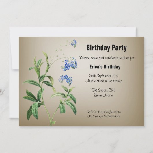 Bronze Party aus Metallic mit blauen Blumen laden  Einladung (Vorderseite)