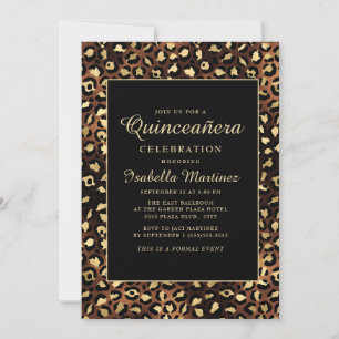 Bronze Schwarz Gold Leopard Quinceañera-Party Einladung