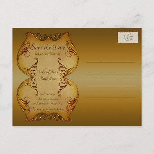 Bronze-Scrolls Save the Date Postkarte mit Foto (Rückseite)