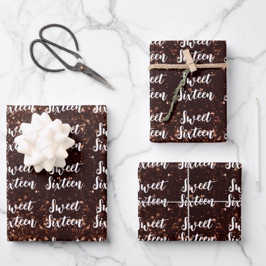 Bronze sparkles Sweet 16 elegant script pattern Geschenkpapier Set (Vorderseite)
