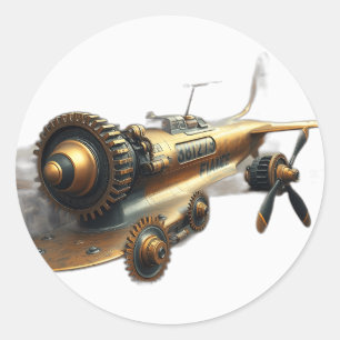 Bronze-Steampunk-Flugzeugillustration Runder Aufkleber