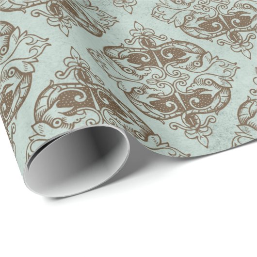 Bronze und Aqua Vintag Damask Geschenkpapier (Rolleneckpunkt)