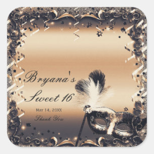 Bronze- und Creme-Masquerade-Maske Elegante Ballpa Quadratischer Aufkleber