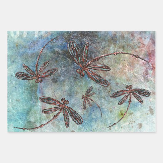 Bronze-verzauberte Libellen auf einem magischen Hi Geschenkpapier Set (Vorderseite 3)