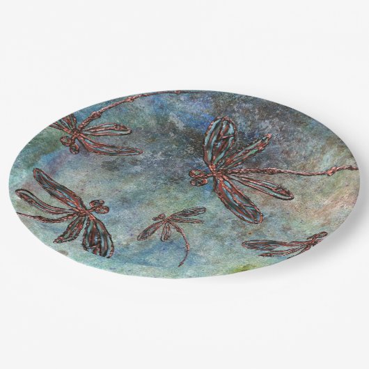 Bronze-verzauberte Libellen auf einem magischen Hi Pappteller (Schrägansicht)