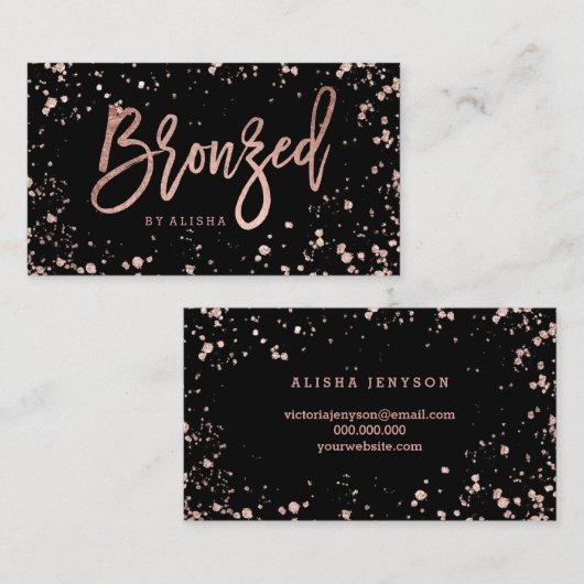 Bronzierte Skript-Rosengoldconfetti-Spritzer Visitenkarte (Vorne/Hinten)