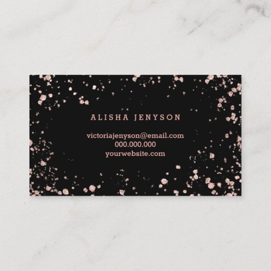 Bronzierte Skript-Rosengoldconfetti-Spritzer Visitenkarte (Rückseite)