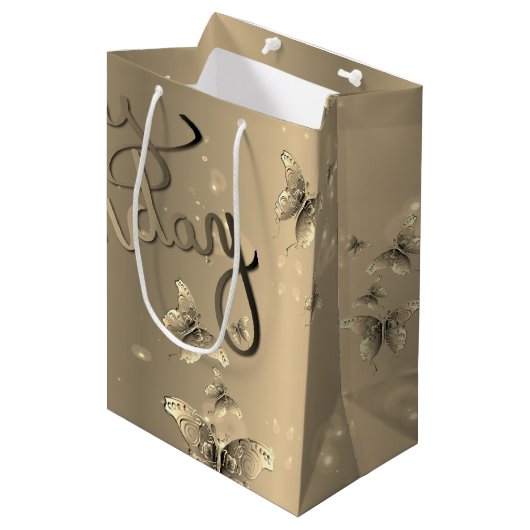 Bronzy "Happy Birthday" 3D Butterflies Mittlere Geschenktüte (Vorderseite Schrägansicht)