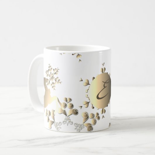 Bronzy Monogram Snowflakes Rentier auf Weiß Kaffeetasse (Vorderseite Links)