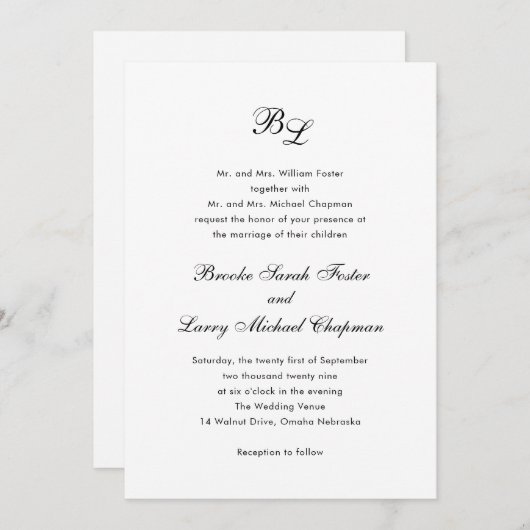 Brooke Classic Script Monogram Elegant Wedding Einladung (Vorne/Hinten)