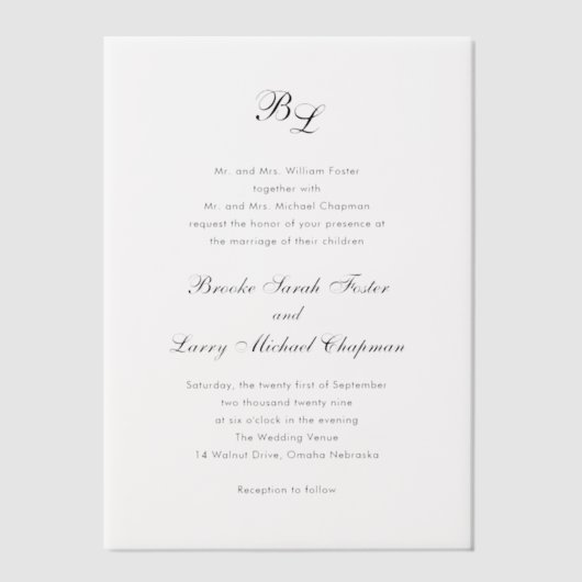 Brooke Classic Script Monogram Elegant Wedding Pergament Einladungen (Vorderseite)