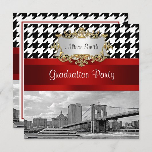 Brooklyn Bridge Blk Wht Hahnentrittmuster Abschlus Einladung (Vorne/Hinten)