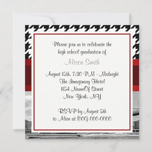 Brooklyn Bridge Blk Wht Hahnentrittmuster Abschlus Einladung (Rückseite)