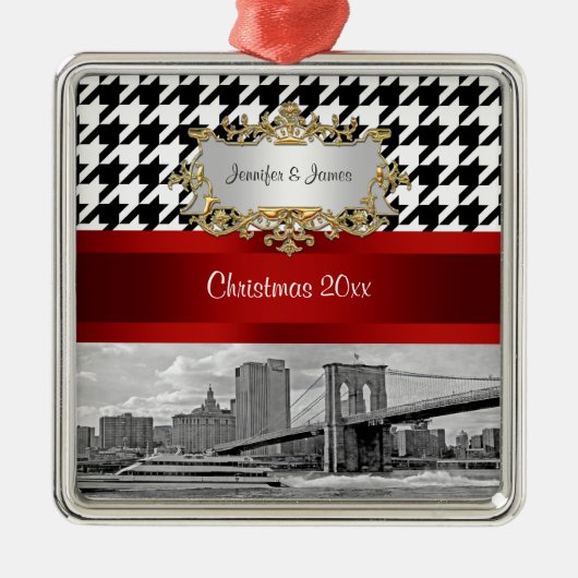 Brooklyn Bridge Blk Wht Hahnentrittmuster Weihnach Silbernes Ornament (Vorne)