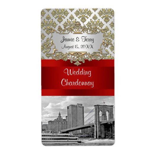 Brooklyn Bridge Gold White Damask Wine Label (Vorne)