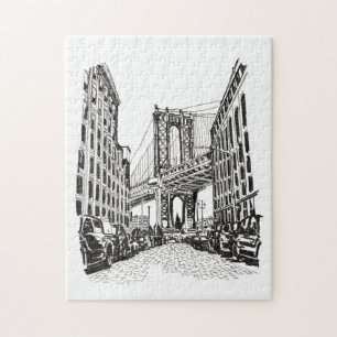Brooklyn Bridge New York Schwarz-weiß Illustration Puzzle