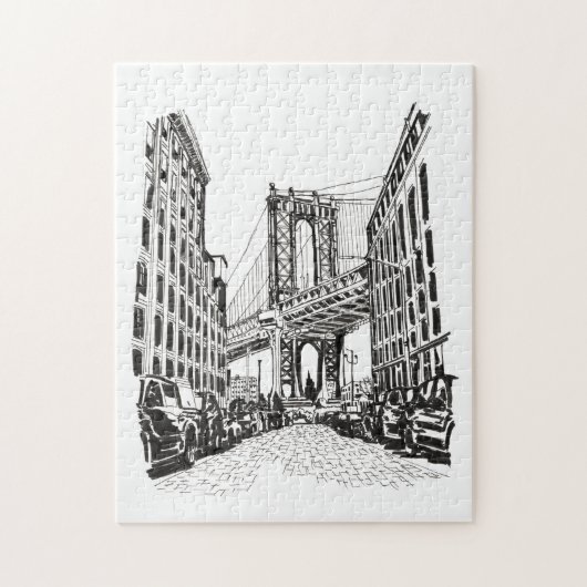 Brooklyn Bridge New York Schwarz-weiß Illustration Puzzle (Vertikal)