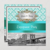 Brooklyn Bridge NYC Robin Egg Wt Damask Verlobung Einladung (Vorne/Hinten)