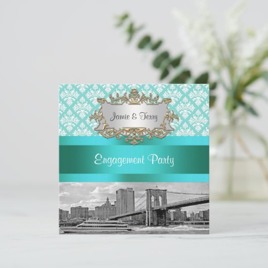 Brooklyn Bridge NYC Robin Egg Wt Damask Verlobung Einladung (Stehend Vorderseite)