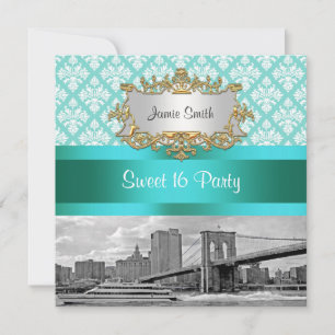 Brooklyn Bridge Türkis Weiße Damast Sweet 16 Einladung