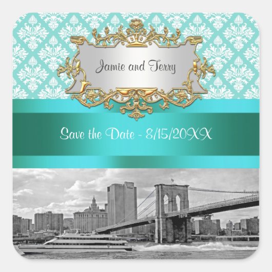 Brooklyn Bridge Turquoise Wht Damask Rett Date Quadratischer Aufkleber (Vorderseite)