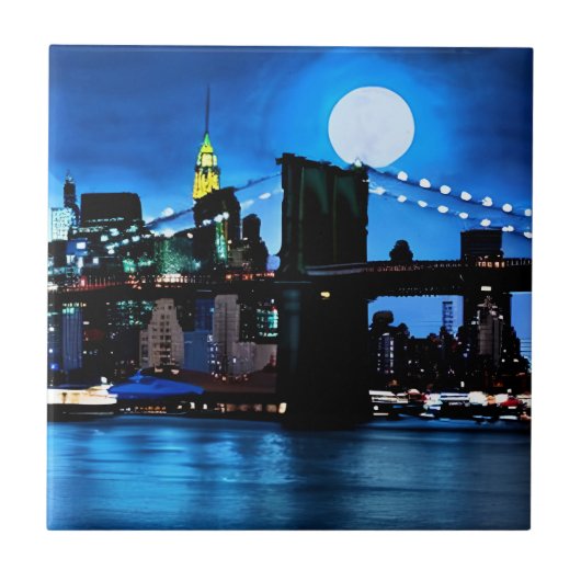 Brooklyn Bridge unter einem Vollmond Fliese (Vorderseite)