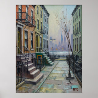 Brooklyn Brownstone-Reihe mit Manhattan-Skyline Poster