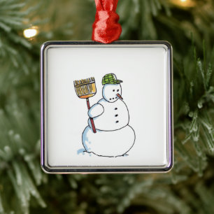 Broom Schneemann quadratischer Premium-Schmuck Ornament Aus Metall