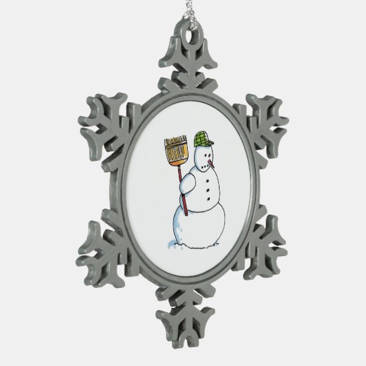 Broom Snowman White Pewter Schneeflocke Ornament (Links)
