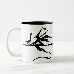Broom Witz Flying Cat Halloween-Silhouette Zweifarbige Tasse