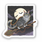 Broomstick Rider Coon - Maine Coon Halloween Aufkleber (Vorderseite)