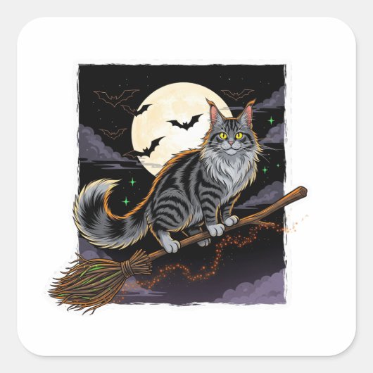 Broomstick Rider Coon - Maine Coon Halloween Quadratischer Aufkleber (Vorderseite)