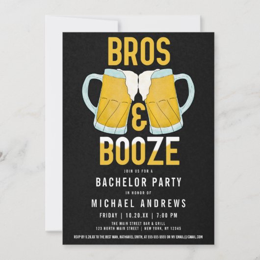 Bros and Booze Manly Beer Stein Bachelor Party Einladung (Vorderseite)