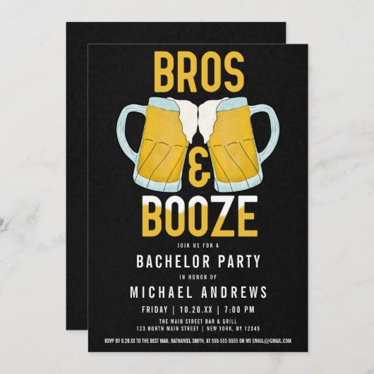 Bros and Booze Manly Beer Stein Bachelor Party Einladung (Vorne/Hinten)