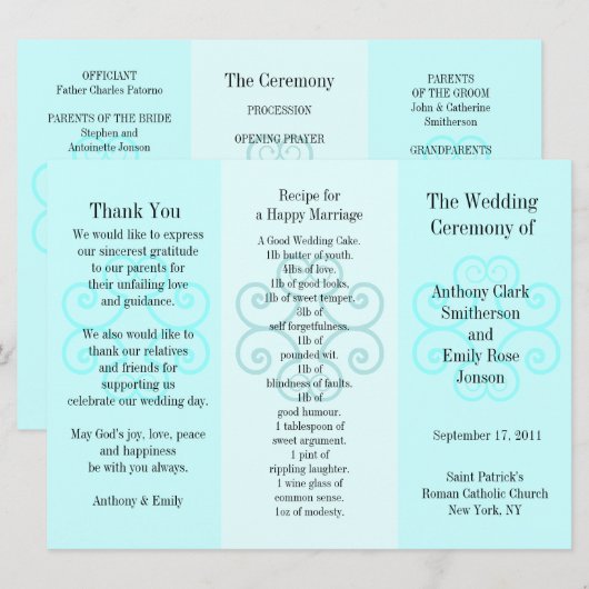 Broschüre zum Hochzeitsprogramm Blue Curl Programm (Vorne/Hinten)