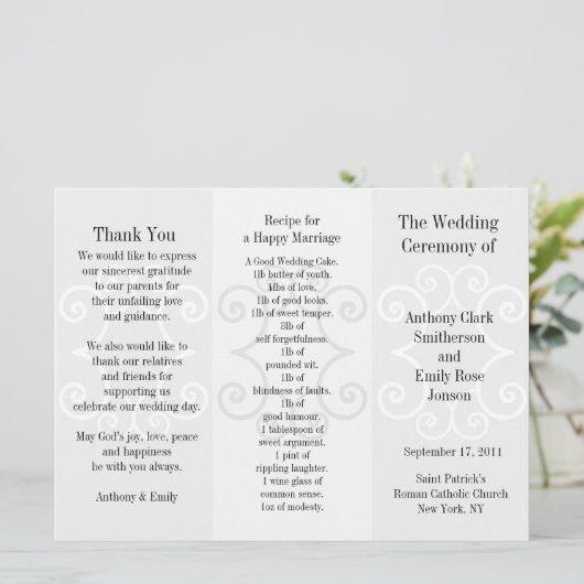 Broschüre zum Hochzeitsprogramm Grau Curl Programm (Stehend Vorderseite)