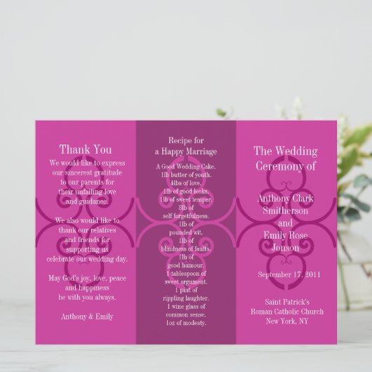 Broschüre zum Hochzeitsprogramm Rosa Curl Programm (Stehend Vorderseite)