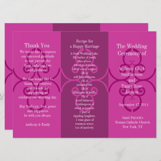 Broschüre zum Hochzeitsprogramm Rosa Curl Programm (Vorne/Hinten)