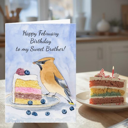 Brother Happy February Birthday Cedar Waxwing Cake Karte