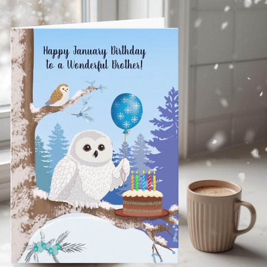 Brother Happy January Birthday Snowy Owl Karte