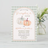 Brother & Sister Pumpkin Patch Gingham Birthday Einladung (Stehend Vorderseite)