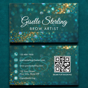 Brow Artist Aquamarin Gold Glitzer QR Code Luxus Visitenkarte