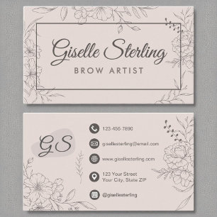 Brow Artist Blush Pink Floral Line Art Script Visitenkarte